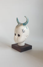 Load image into Gallery viewer, Porcelain doll, blue cow horns and hair texture in browny green
