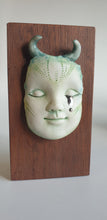 Load image into Gallery viewer, Block head doll face with green texture and blue horns with platinum drizzle
