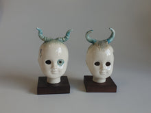 Load image into Gallery viewer, Porcelain doll, blue cow horns and hair texture in browny green
