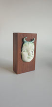 Load image into Gallery viewer, Block head doll face with green texture and blue horns with platinum drizzle
